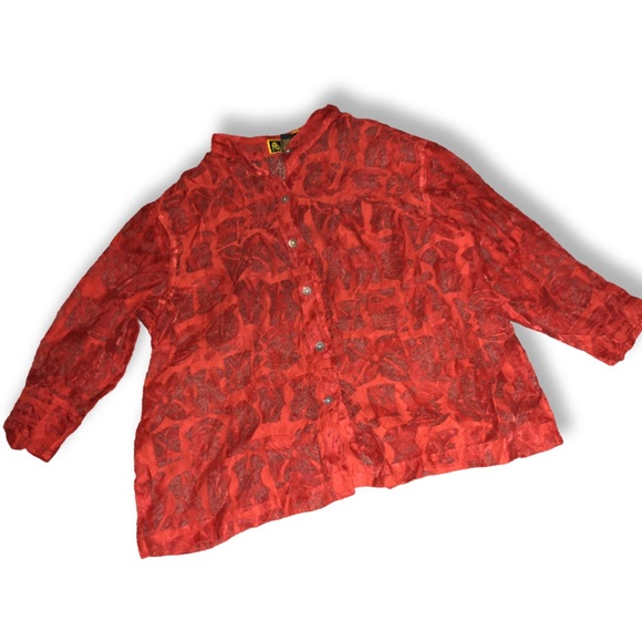 Mirasol Burnt Orange Retro Abstract Floral Pattern Sheer Button Up Blouse - Picture 9 of 10